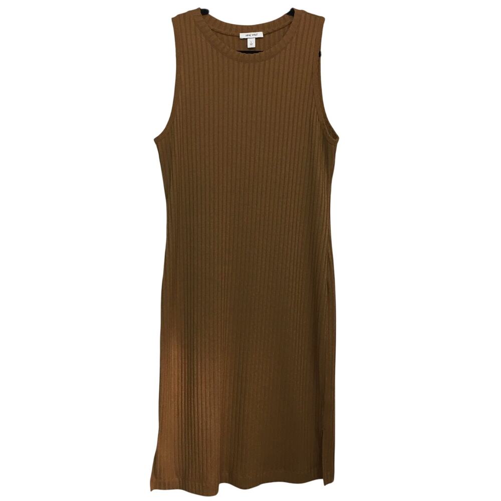 Nine West Ribbed Knit Midi Sleeveless Sweater Dress Large Form Fitting Crew Neck